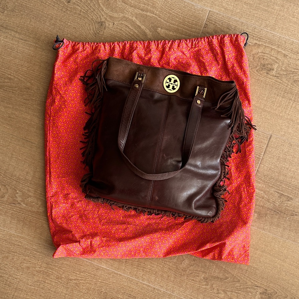 Tory Burch Brown Leather Tote with fringe